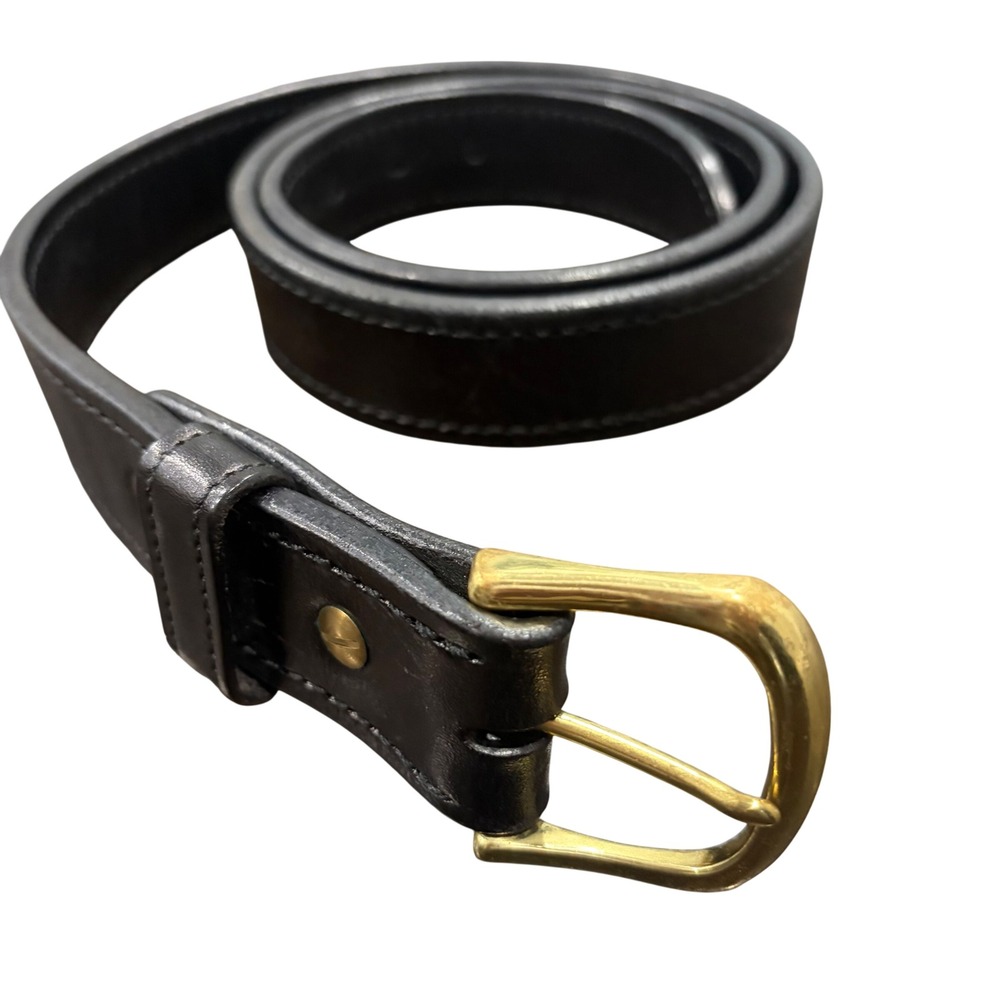 Mitch Rosen Leather Belt Men 46 Black Stitched Brass Buckle USA 38444 Minimalist